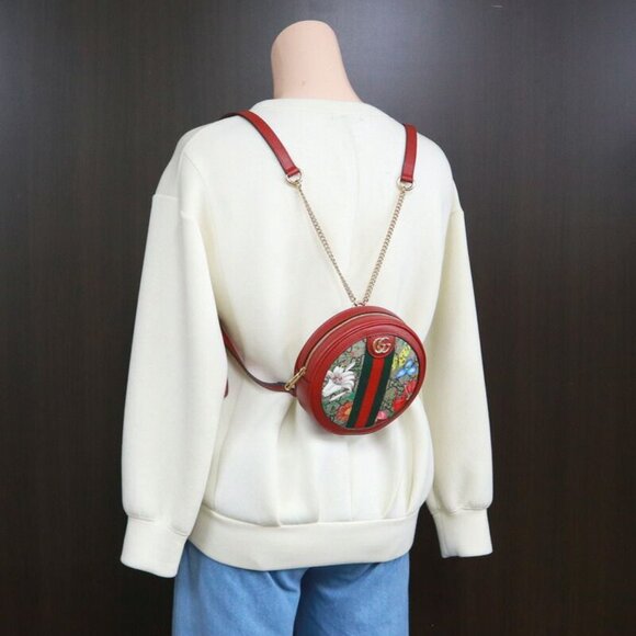 Gucci Mini Circle Backpack Ophidia GG Flora Leather Khaki Red - Picture 10 of 10